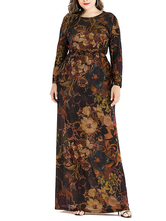 Wesley Plus Size Brown Floral Print Long Sleeve Maxi Dress (Suitable For Muslim, Muslimah Wear) (EXTRA BIG SIZE)