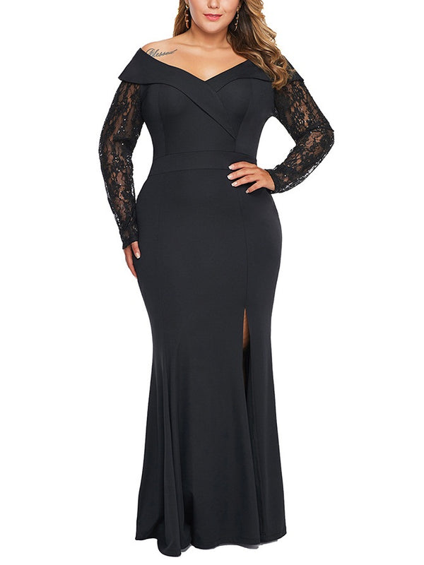 Sookie Plus Size Dinner Occasion Evening Evening Dress Gown Simple V Neck Wide Shoulder With Sleeve Lace Sleeve Side Slit Long Sleeve Maxi Dress (EXTRA BIG SIZE)