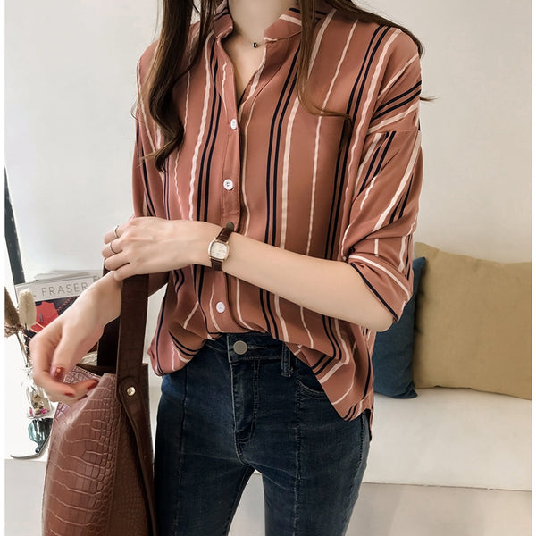 Lenore Plus Size Stripes Mid Sleeve Shirt Blouse