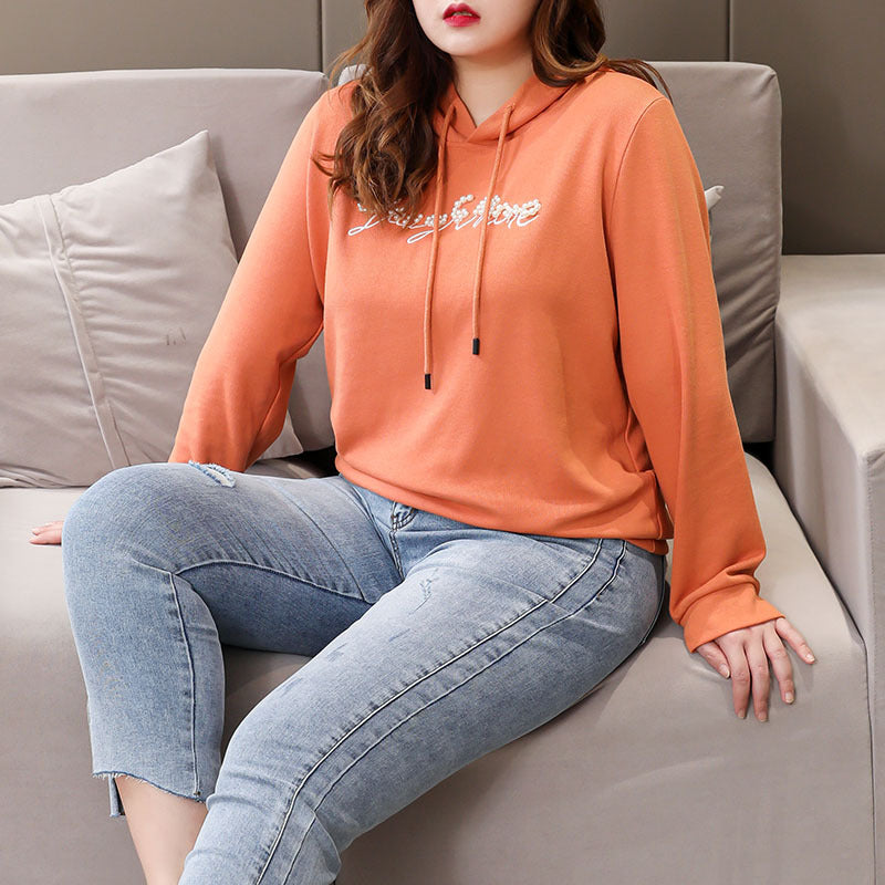 Kiana Plus Size Orange Pearls Hoodie Long Sleeve Top