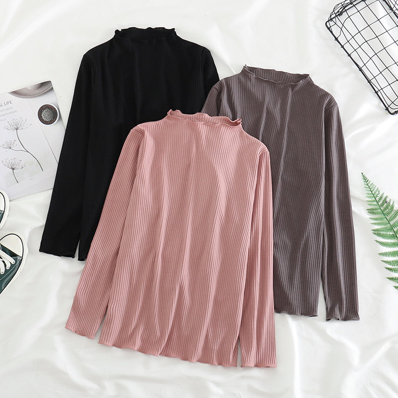 Valma Plus Size Ribbed High Neck Long Sleeve Top (Grey, Pink, Black)