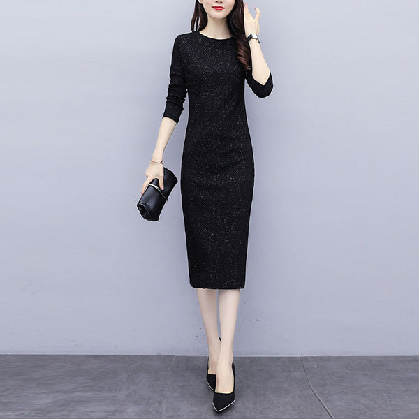 Leilia Plus Size Ribbed Bodycon Sparkles Long Sleeve Midi Dress