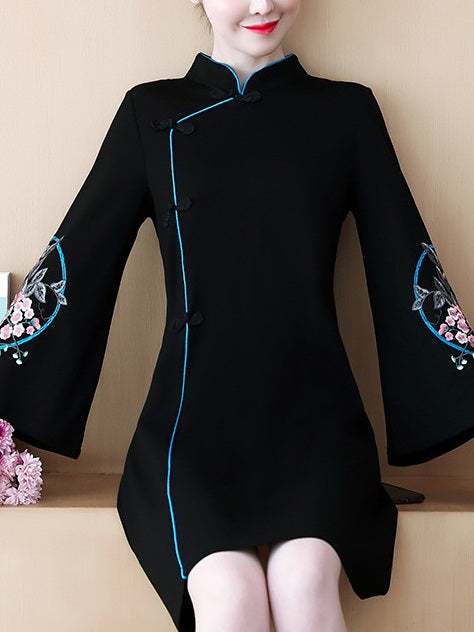 Talli Plus Size Cheongsam Qipao Casual Work Office Chinese New Year Floral Oriental Embroidery Wide Sleeve Long Sleeve Dress (Black, Red)