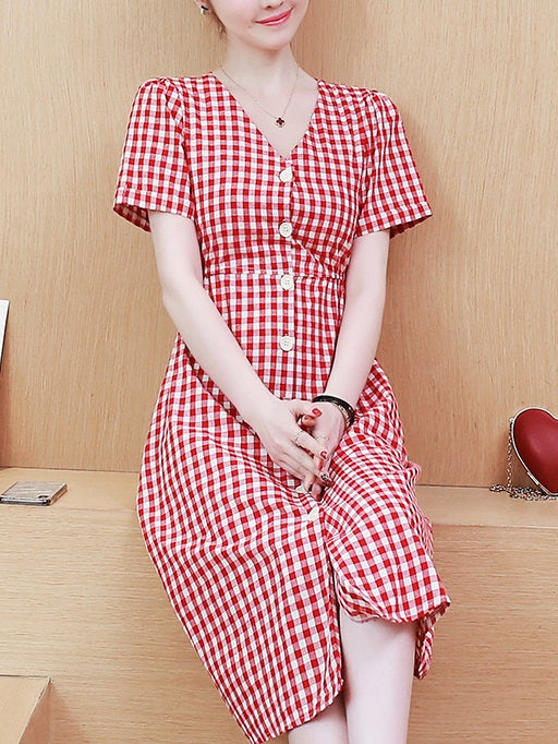 Tova Plus Size Red Gingham Checks V Neck Button Down Short Sleeve Midi Dress (Suitable For Chinese New Year)