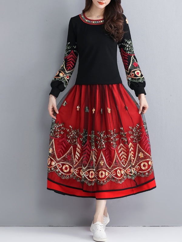 Tilney Plus Size Ethnic Embroidery Balloon Sleeve Long Sleeve Top (Also Suitable For Muslimah Wear) / Optional With Red Floral Ethnic Embridery Tulle Swing Midi Skirt