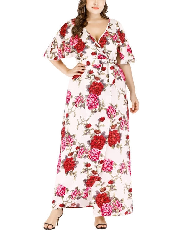 White Wrap Floral Maxi Dress  (EXTRA BIG SIZE)