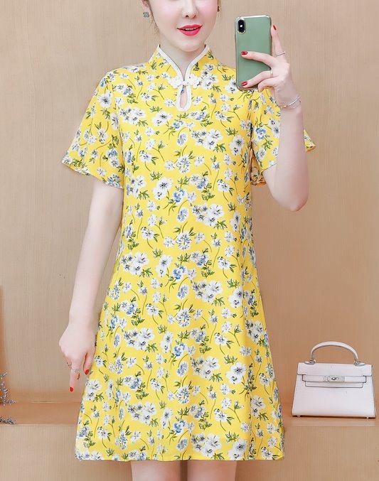 Plus Size Yellow Floral Cheongsam Short Sleeve Dress