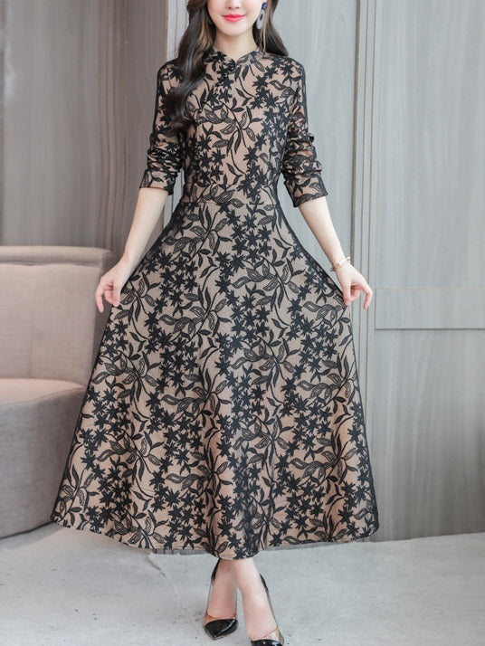Medha (Bust 92-108CM) Lace Plus Size Cheongsam Qipao Midi Dress (Beige Lace, Black Lace)