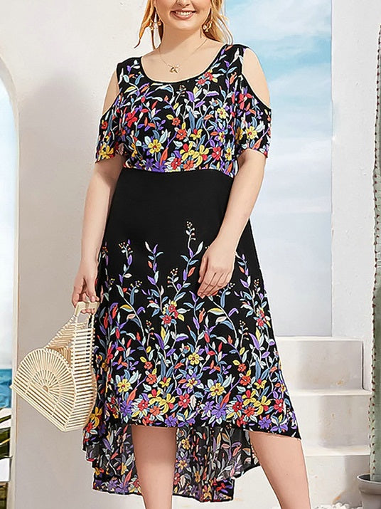 Tammin Plus Size Off Shoulder Floral Print Longer Back Short Sleeve Midi Dress (Suitable For Chinese New Year And Weekends) (EXTRA BIG SIZE) (Black)
