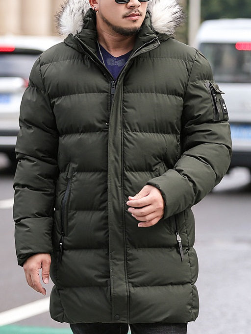 Men's Plus Size Padded Windbreaker Long Length Utility Design Winter Jacket with Fur Hoody (Black, Green)