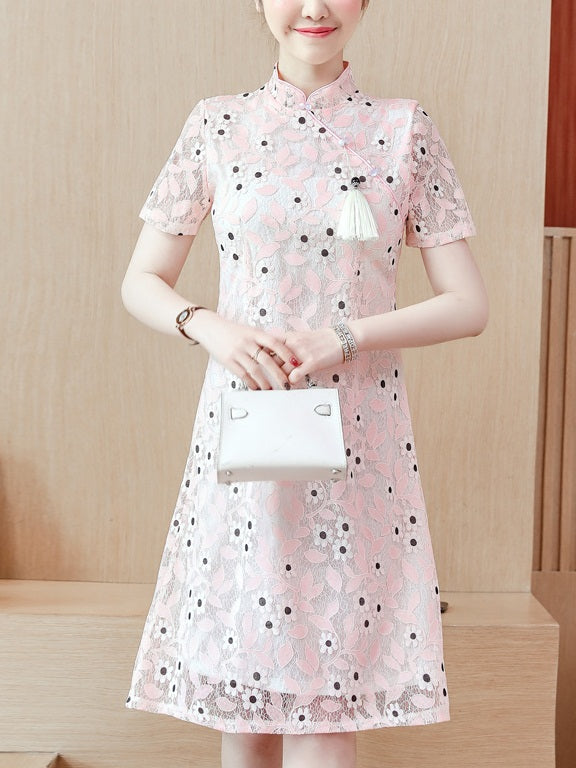 Tiahna Plus Size Cheongsam Qipao Pink Floral Lace Tassel Shift Short Sleeve Dress