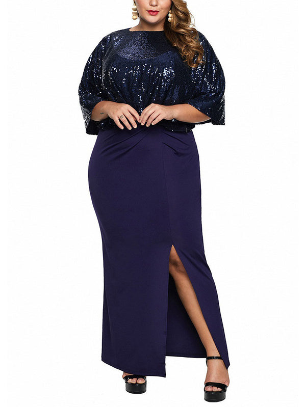 Sophea Plus Size Dinner Occasion Wedding Evening Dress Gown Elegant Sequins Cape Cover Bodycon Slit Mid Sleeve Maxi Dress (Black, Blue) (EXTRA BIG SIZE)