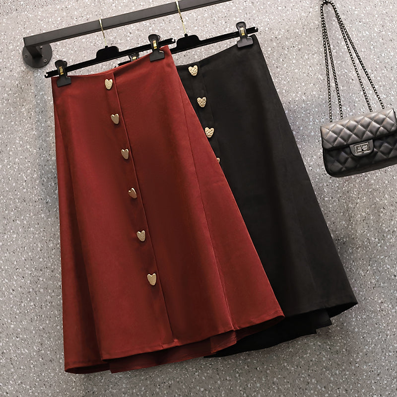 Kylyne Plus Size Heart Buttons Midi Skirt
