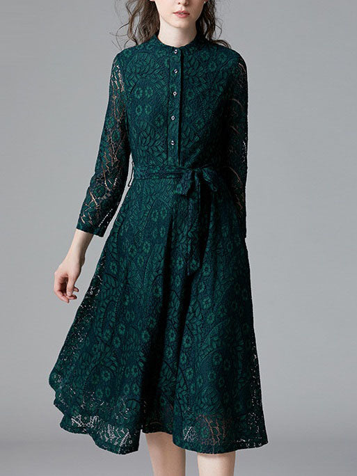 Shohreh Green Lace Waist Tie Mid Sleeve Midi Dress