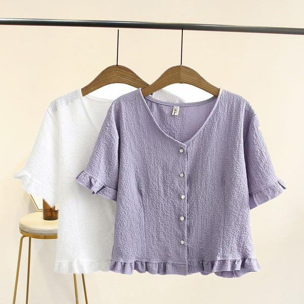 Essi Plus Size V Neck Frills Cropped Short Sleeve Blouse (Purple, White)
