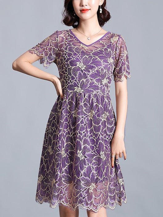Rococo Purple Floral V Neck Lace S/S Dress