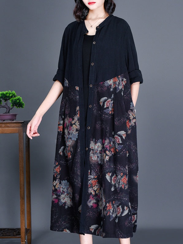 Lerina Plus Size Black Floral Long Sleeve Midi Dress