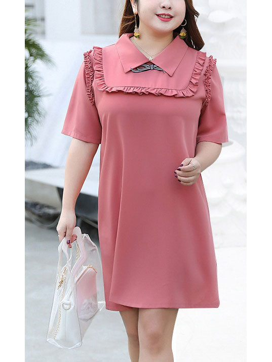 Tashanay Plus Size Frill Ribbon Short Sleeve Shirt Dress (Suitable For Chinese New Year) (EXTRA BIG SIZE)