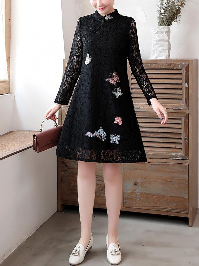 Tallis Plus Size Cheongsam Qipao Casual Work Office Chinese New Year Floral Oriental Butterfly Embroidery Black Lace Long Sleeve Dress (Black)