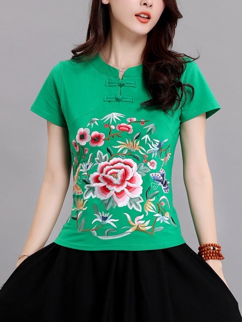 Timandra Plus Size Cheongsam Qipao Top - Ethnic Floral Embroidery Chinese Short Sleeve Top (Red, Black, White, Green) (Suitable For Chinese New Year)