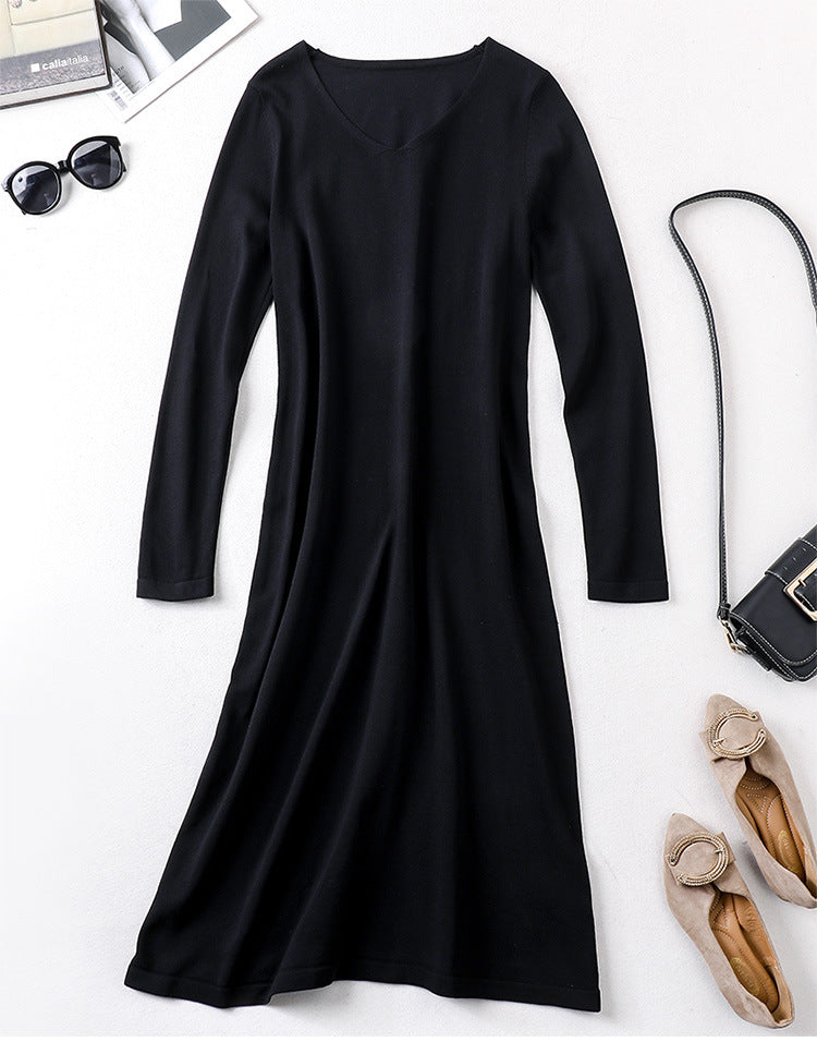 Kimimila Plus Size V Neck Knit Long Sleeve Midi Dress