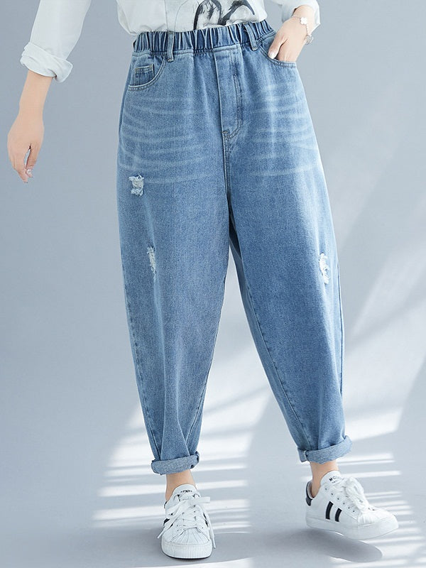 Wylda Plus Size Ripped Light Blue Wash Elasticized Waist Denim Long Jeans (EXTRA BIG SIZE)