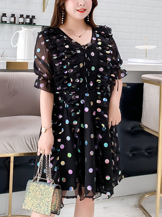 Polina Chiffon Frill Metallic Polka Dots Lace Up Dress (Cream, Black)