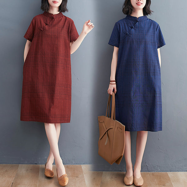 Plus size modern checked cheongsam dress
