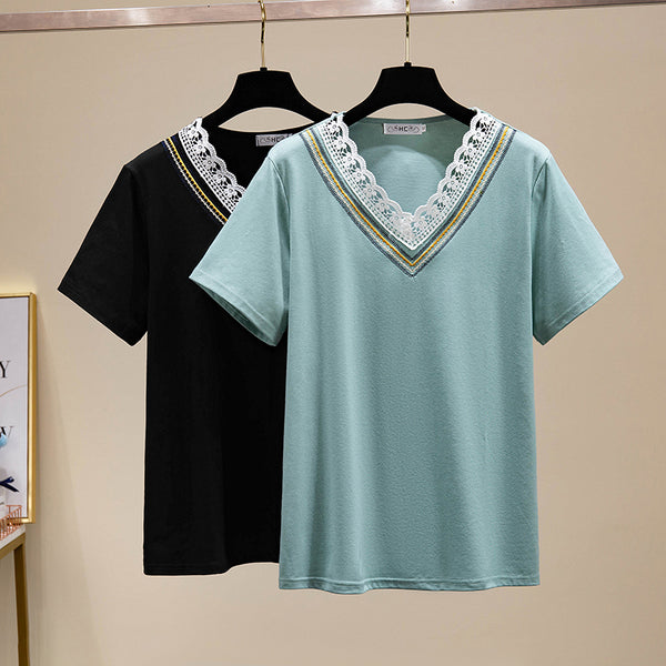 Plus Size Lace V Neck Short Sleeve T Shirt Top