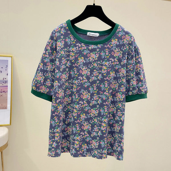 Plus Size Garden Floral Ringer Short Sleeve T Shirt Top