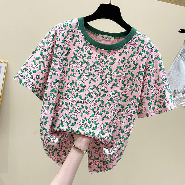 Plus Size Pink Floral Ringer Short Sleeve T Shirt Top