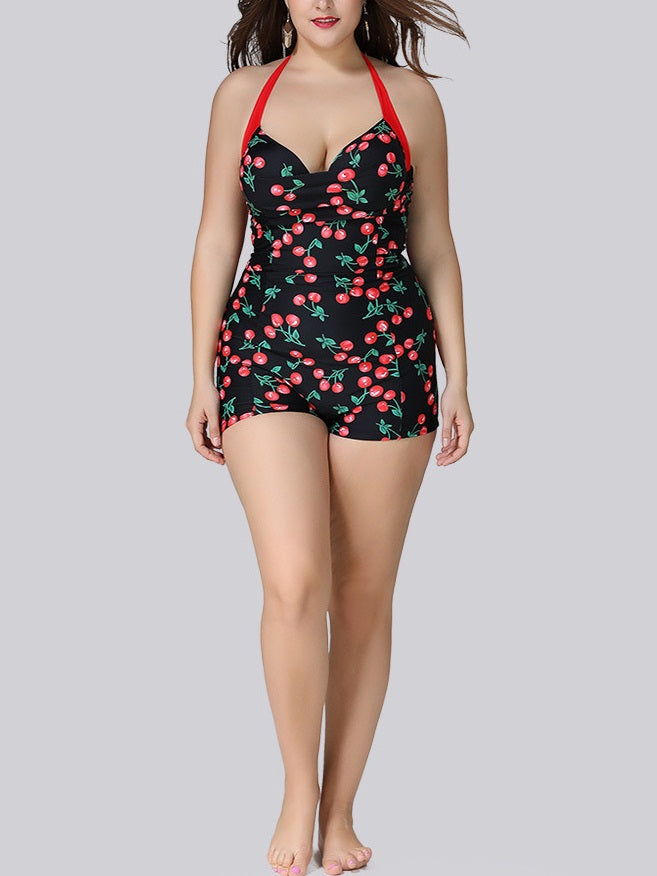 Seallie Cherry Print Vintage Pin Up Halter Neck One Piece Shorts
