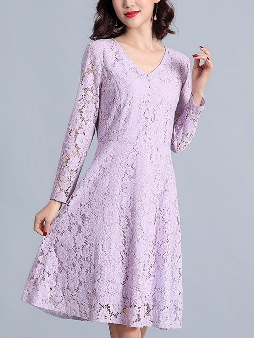 Roanne Purple Pearl Button V Neck Lace L/S Dress