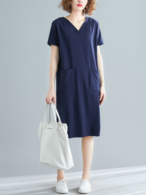 Alla Basic V Neck Pocket S/S Tee Shirt Dress (Blue, Orange, Black)