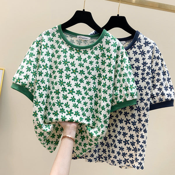 Plus Size Ditsy Flowers Ringer Short Sleeve T Shirt Top