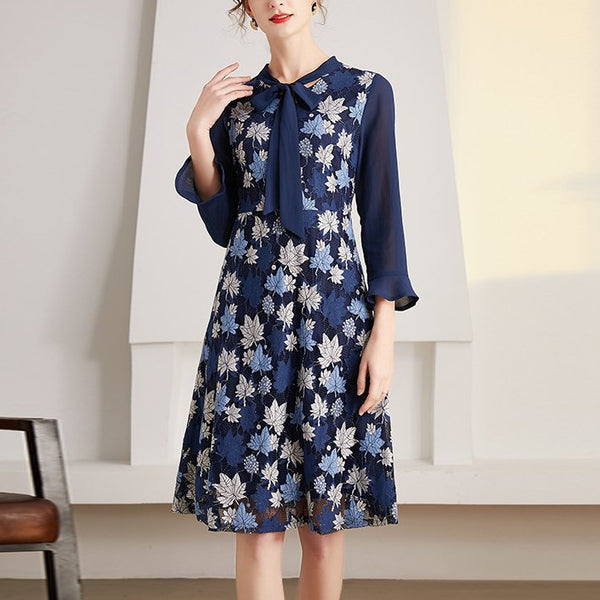 Plus Size Blue Leafs Lace Mid Sleeve Dress