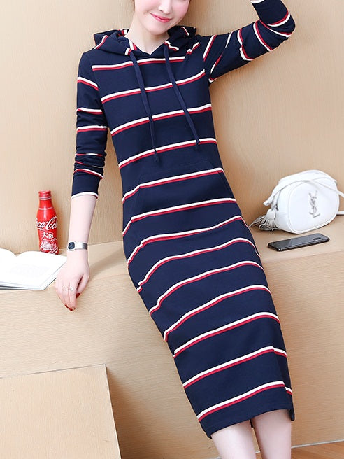 Yoela Plus Size Knit Blue Stripes Hoodie Kangaroo Pocket Long Sleeve Midi Dress