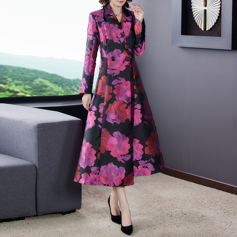 Plus Size Floral Long Sleeve Midi Dress Trench Coat