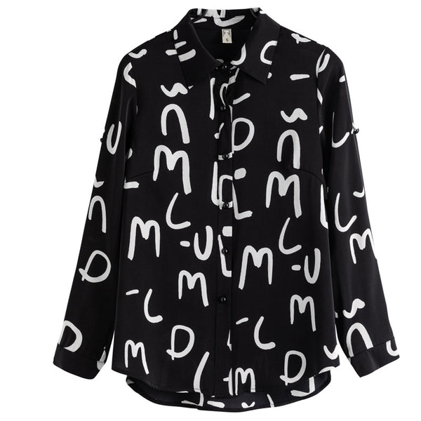 Plus Size Words Long Sleeve Shirt Blouse