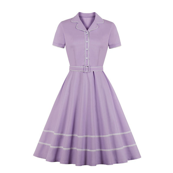 Vi Plus Size Purple Pinup Vintage Retro 50s Belted Swing Short Sleeve Midi Shirt Dress