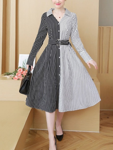 Yarielis Plus Size Stripes Black And Shirt Belted Long Sleeve Midi Shirt Dress