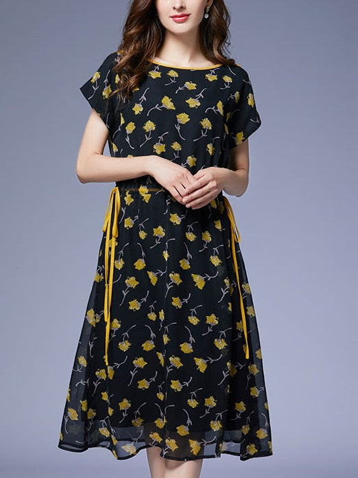 Pua Yellow Side Tie Floral Chiffon Dress