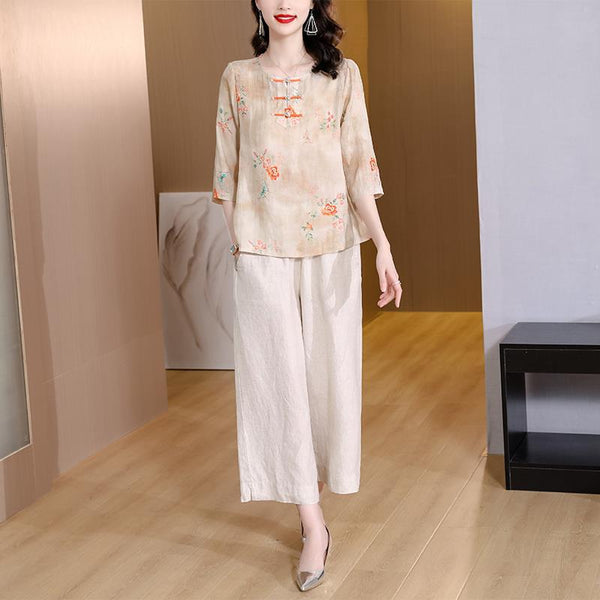 Plus Size Oriental Cheongsam Blouse and Wide Leg Pants Set