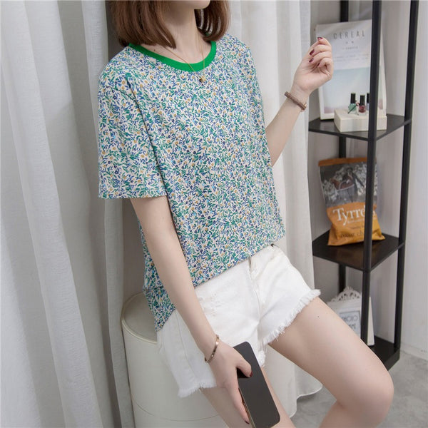 Plus Size Green Ringer Flower Short Sleeve T Shirt Top