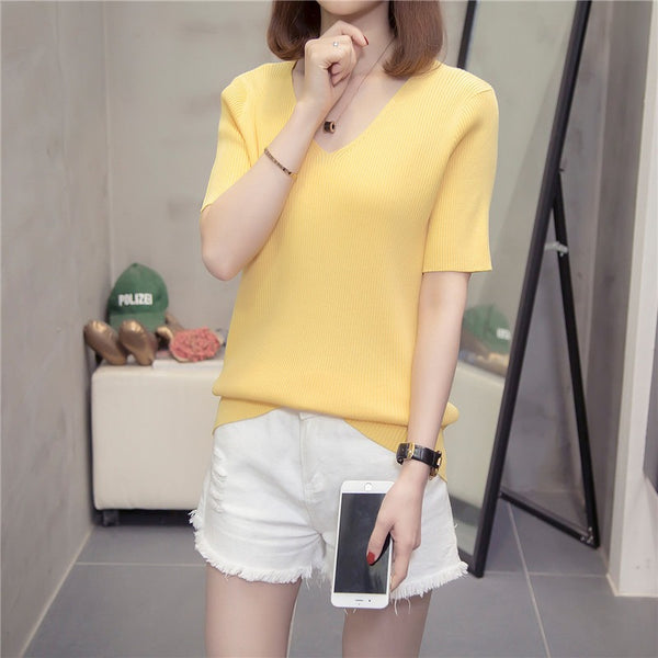 Plus Size Light Knit V Neck T Shirt Top