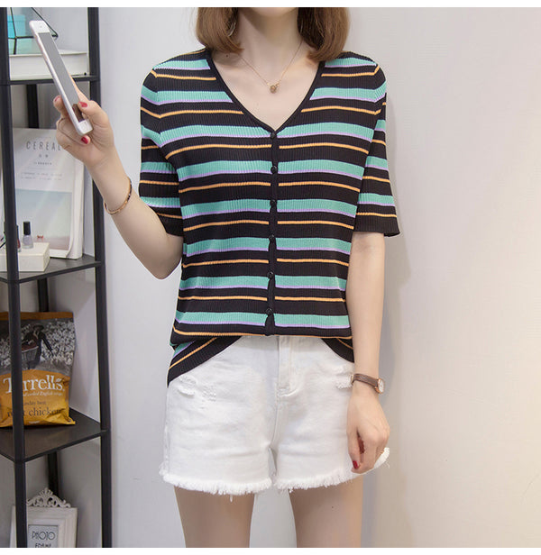 Plus Size Knit Rib Stripe Buttons Henley Tee
