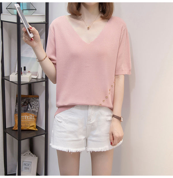 Plus Size Knit Rib Scallop V Neck Tee
