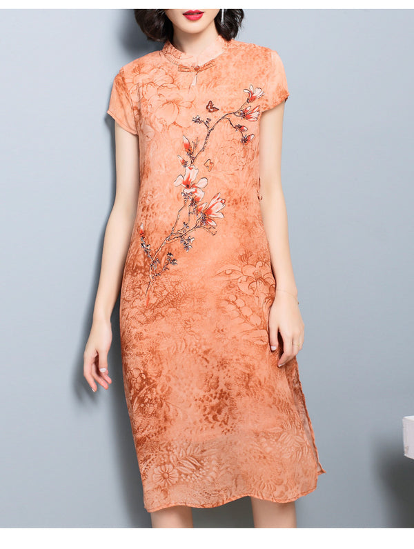 Short Sleeve Light Fabric Plus Size Floral Cheongsam Qipao S/S Dress (Grey, Orange)