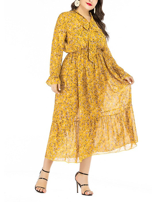 Waynoka Plus Size Pussybow Printed Long Sleeve Midi Dress (Yellow Flowers, Black Polka Dots) (EXTRA BIG SIZE)