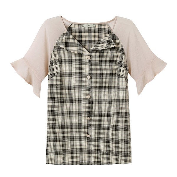 Plus Size Checked Short Sleeve Blouse